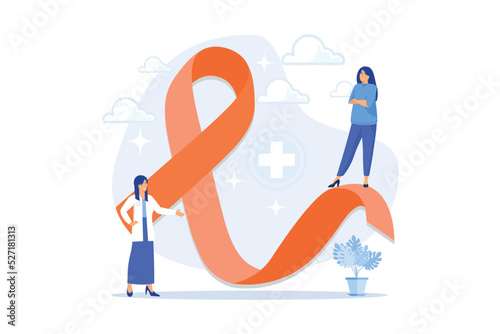 Doctor showing breast cancer awareness ribbon to the female patient. Breast cancer, women oncology factor, breast cancer prevention concept. flat vector modern illustration photo