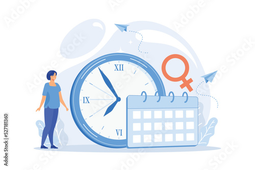 Menopause woman standing at her biological clock measuring age and calendar. Menopause, women climacteric, hormone replacement therapy concept.flat vector modern illustration