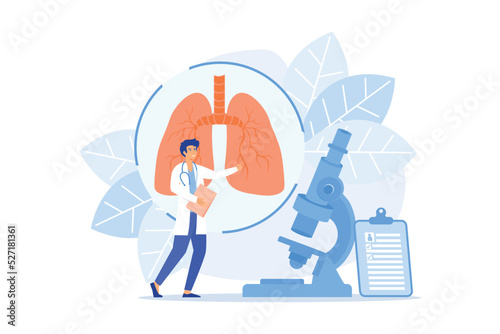 Doctor examines huge lungs desease and microscope. Obstructive pulmonary disease, chronic bronchitis and emphysema concept on white background. flat vector modern illustration photo