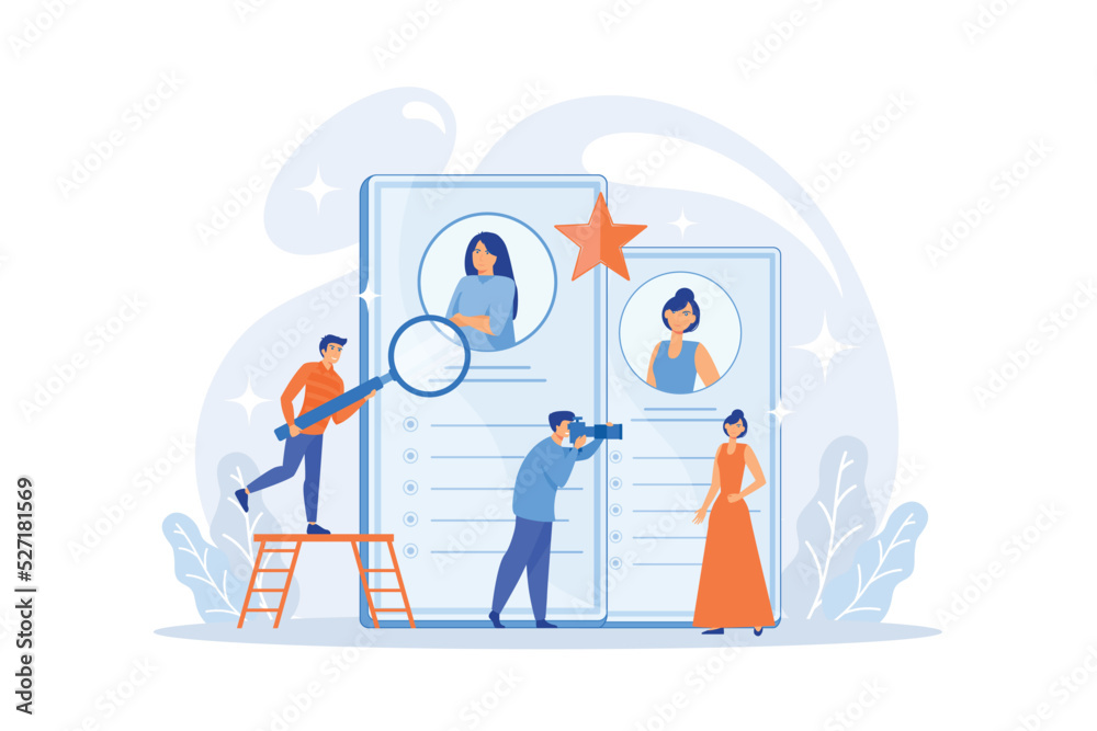 Modeling agency manager and photographer take photos of model for portfolio. Modeling agency, fashion model agent, modeling company services concept. flat vector modern illustration