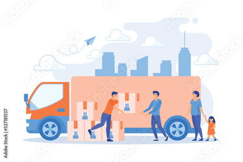 Team of volunteers giving help boxes to refuges and humanitarian aid van. Humanitarian aid, material assistance, governmental help concept. flat vector modern illustration