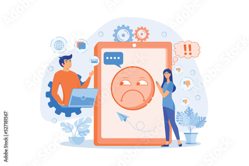 Internet troll quarreling and upsetting user online and tablet with troll face. Internet trolling, digital harassment, internet behaviour concept. flat vector modern illustration