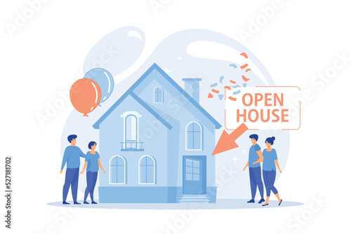 People going to housewarming party flat characters. Open house, open for inspection property, welcome to your new home, real estate service concept.