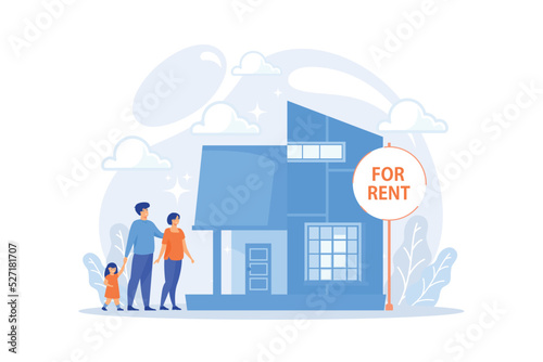 Family moving to countryside area. Realtor shows townhouse. House for rent, booking hose online, best rental property, real estate services concept. flat vector modern illustration