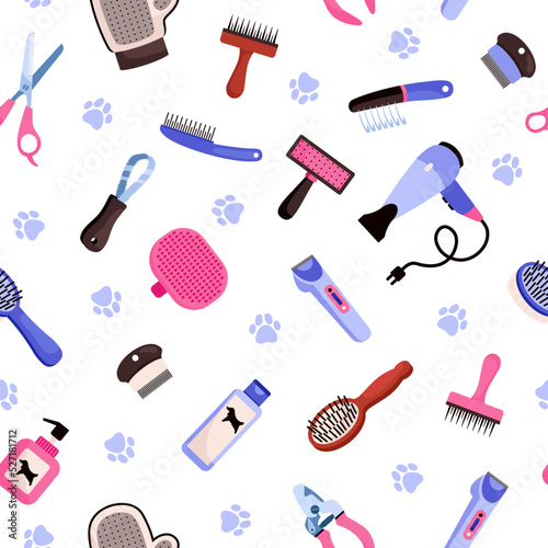 Pet grooming seamless pattern with different salon tools, flat vector illustration on white background.