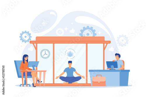 Business people working at laptops in office with meditation and relax area. Office meditation room, meditation pod, office relaxing place concept. flat vector modern illustration