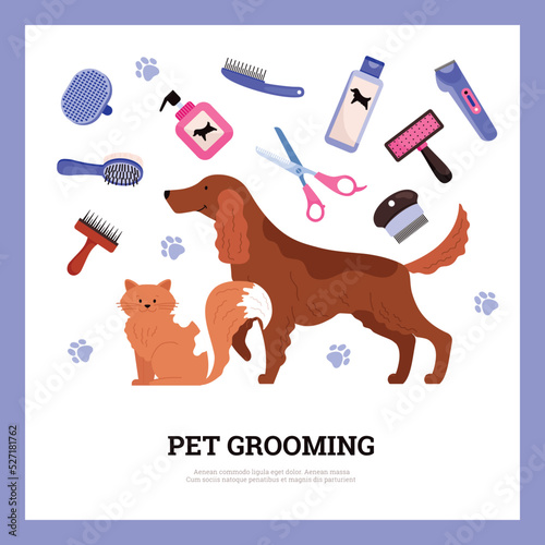Pets grooming and coat cutting service emblem flat vector illustration isolated.