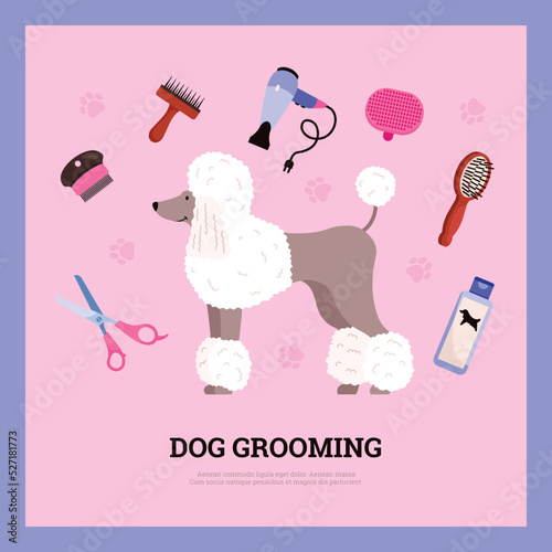 Dog grooming service salon banner or card mockup flat vector illustration.