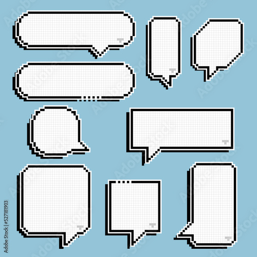collection set of retro game 8 bit line pixel speech bubble balloon black and white color with shadow, flat design vector illustration