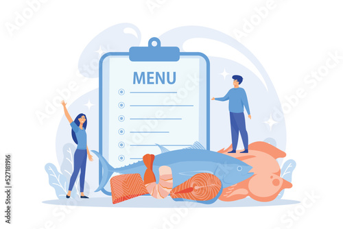 Tiny business people reading menu and sea food products, fish and crab. Seafood menu, seafood nutrition diet, marine products shop concept. flat vector modern illustration
