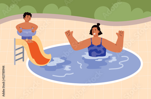 Swimming pool with mother and child cartoon characters flat vector illustration.