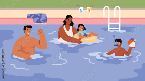 Family swim together in outdoor pool, flat vector illustration.