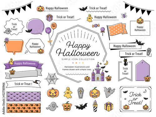 ハロウィンのシンプルな線画イラストフレームセット  / かぼちゃ,ゴースト,蜘蛛,蝙蝠 / イラスト,ベクター,あしらい
