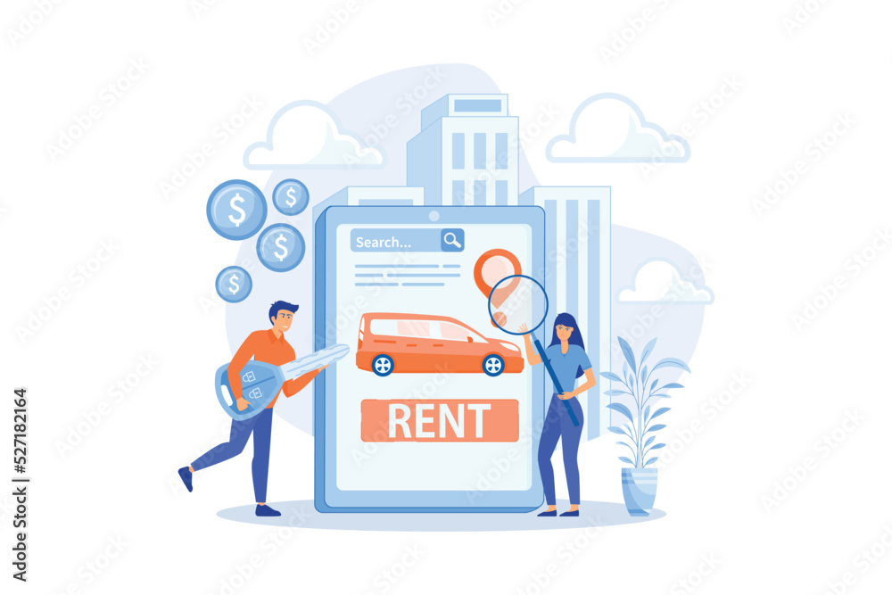 Transport renting website, automobile buying. Man searching used auto on Internet. Rental car service, budget car rental, online car booking concept. flat vector modern illustration