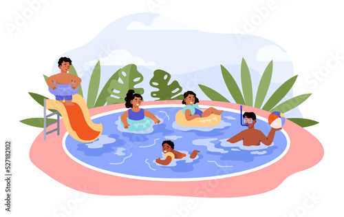 Children relaxing in swimming pool flat style  vector illustration
