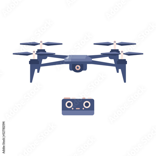 Drone with four propellers and camera flat style, vector illustration