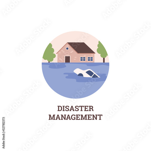 Flood disaster management and rescue works emblem, vector illustration isolated.