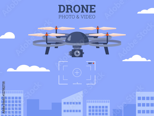Modern drone for photography and videography work, flat vector illustration.