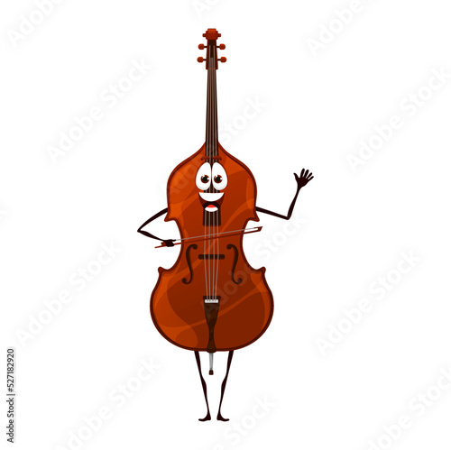 Cartoon cello or violoncello character. Isolated vector musical string instrument personage with smiling face and bow in hand playing classic music. Educational classes for kids, musician equipment