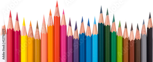 Colored pencils laying in row isolated photo