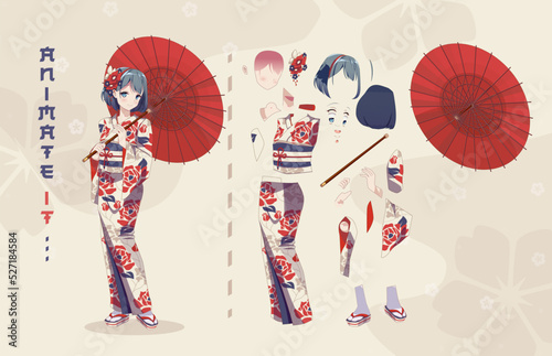 Photo Anime girl in kimono with umbrella characters for animation