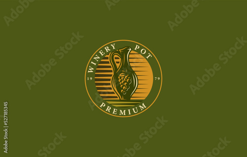Flagon Logo Design. Wine Jar Green Grapes Logo Vector. Emblem Design