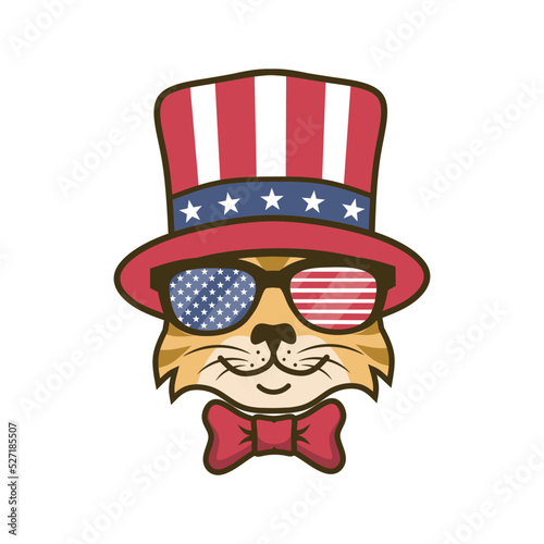 cartoon cat wearing hat and glasses with american independent day concept design