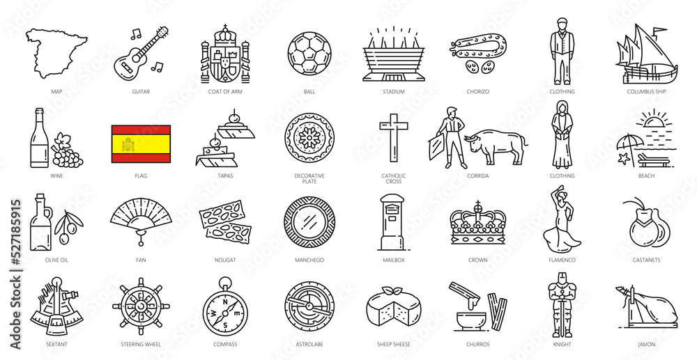 Spain outline icons. European culture and history symbols, Spain food and landmarks vector symbols. Bullfighter, guitar and jamon, stadium, Spain map and flag, wine, Columbus ship and flamenco dancer