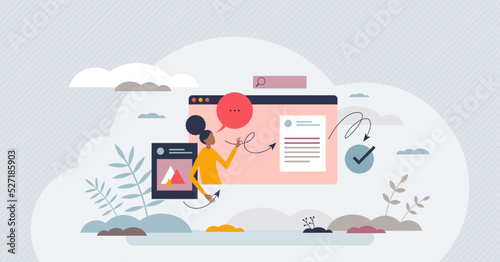 Content distribution with media upload for web sharing tiny person concept. Marketing, advertisement and social media communication professional service vector illustration. Blog publishing process.