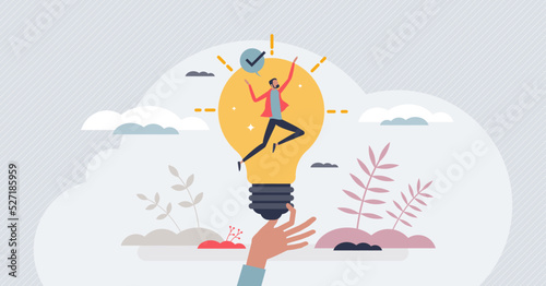 Inspiration idea and creative invention breakthrough tiny person concept. Businessman in lightbulb after imagination development and finding solution vector illustration. Smart thinking strategy power