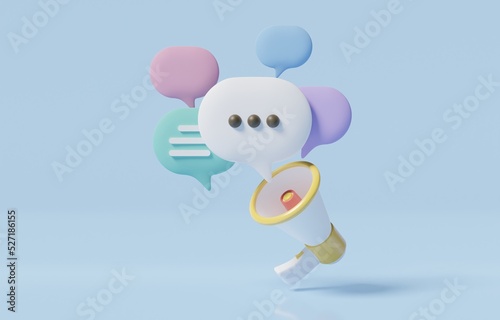 Megaphone with speech bubbles on blue background, communication and public relations to send important message or announce sales and promotion concept, 3d render illustration.