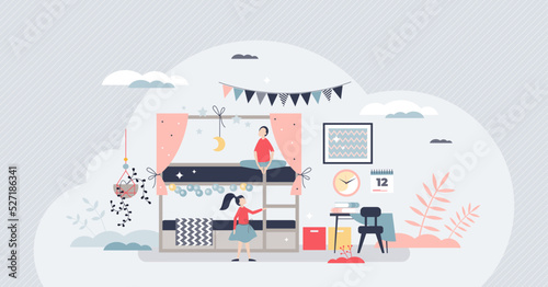 Kids bedroom with cosy and cute children interior design tiny person concept. Home with boy and girl in room with two level shared bed and table for toddlers vector illustration. Apartment for infants