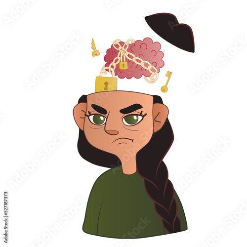 Angry girl with locked brains on white background