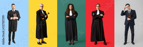 Set of different judges and lawyer on color background