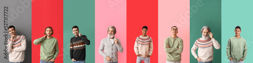 Set of men in stylish sweaters on colorful background