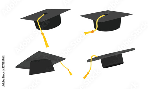 Set of graduation cap clipart. Graduation cap watercolor style vector design illustration isolated on white background. Black graduation hat cartoon hand drawn doodle style. Graduate symbol