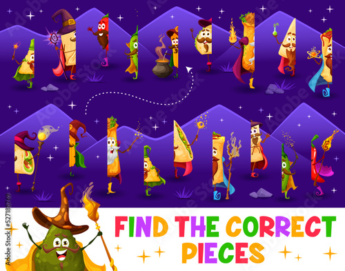 Find the correct piece of cartoon tex mex mexican food wizard characters. Vector worksheet with halves of tacos, enchiladas, tamales and burrito, quesadilla, churros, jalapeno, nachos and avocado