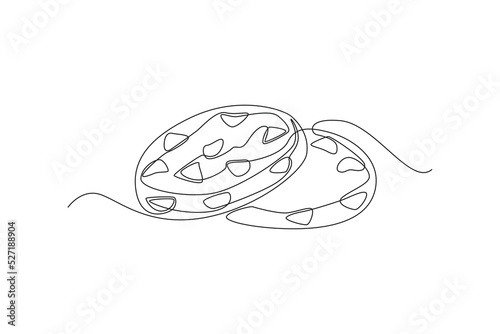 Continuous one line drawing two chip cookies. Dessert concept. Single line draw design vector graphic illustration.