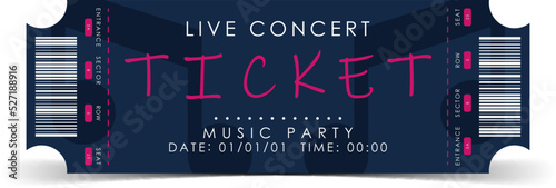 Sample ticket for entry to a musical concert. Modern ticket card illustration template. Vector.