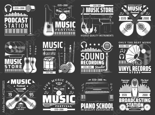 Music instrument, vinyl record and microphone vector icons. Drum, guitar, piano and musical notes, lute, saz and harp guitar, headphone and microphone, recording studio, broadcast, radio station signs