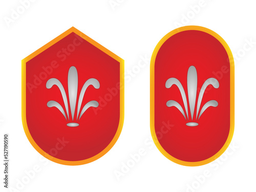 A red shield with a gold border and a heraldic lily. The concept of protection, security, safety. Vector illustration.
