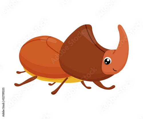Cute smiling rhinoceros beetle isolated on white background. Funny insect for children. Flat cartoon vector illustration