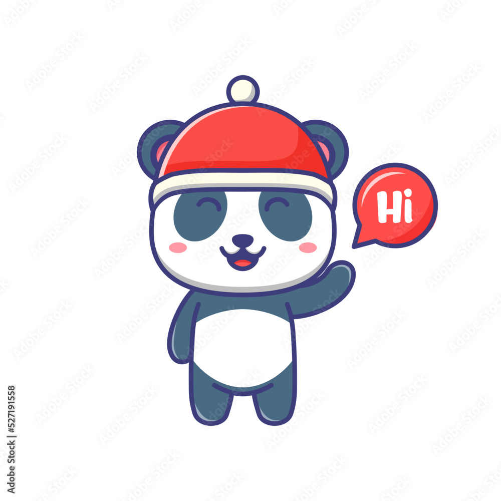 Cute baby panda wearing red hat and say hi cartoon illustration isolated suitable For sticker, banner, poster, packaging, children book cover. Cute baby panda wearing red hat and say hi cartoon illustration isolated suitable For sticker, banner, poster, packaging, children book cover.