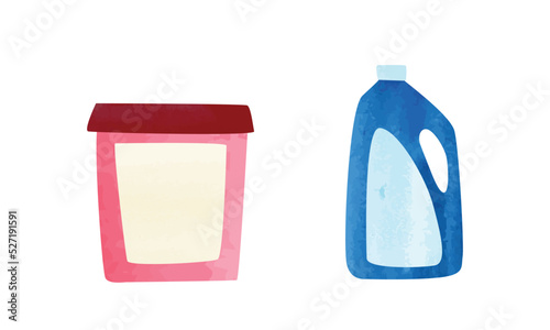 Set of detergent watercolor style vector illustration isolated on white background. Dishwasher detergent clipart. Dishwashing liquid bottle cartoon drawing. Detergent container doodle hand drawn