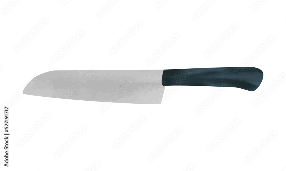 Wooden handle Santoku knife watercolor style. Santoku knife clipart