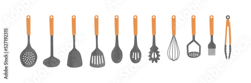 Set of cooking tools with wooden handle clipart. Cooking tools set watercolor vector isolated on white. Skimmer, ladle, slotted spatula, spoon, pasta server, whisk, potato masher, basting brush, tongs photo