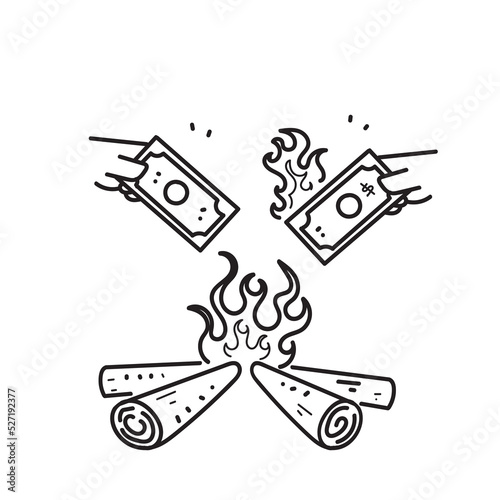 hand drawn doodle burning money concept illustration vector