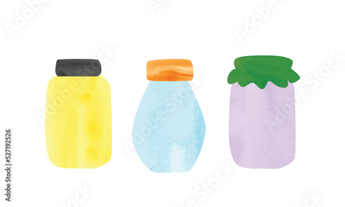 Set of multicolored jars watercolor style vector illustration isolated on white background. Simple empty jar clipart. Glass jar cartoon drawing. Sauce jar hand drawn doodle style. Kitchen utensils