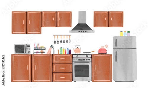 Simple kitchen cabinet with furniture, appliances and utensils watercolor vector isolated on white background. Cabinets, oven, microwave, kitchen hood, cooking tools, refrigerator, knives