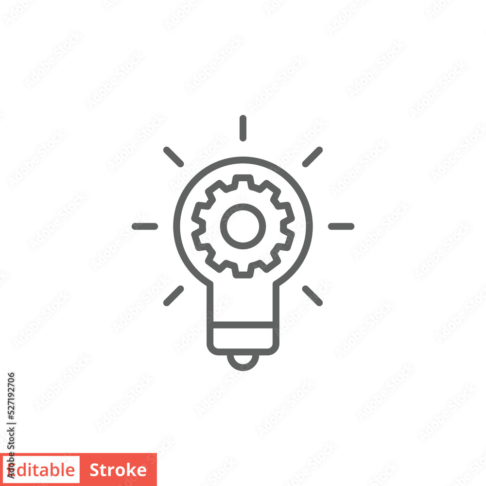 Innovation icon. Simple outline style. Light bulb and cog inside, gear, idea, solution concept. Thin line vector illustration isolated on white background. Editable stroke EPS 10. Innovation icon. Simple outline style. Light bulb and cog inside, gear, idea, solution concept. Thin line vector illustration isolated on white background. Editable stroke EPS 10.
